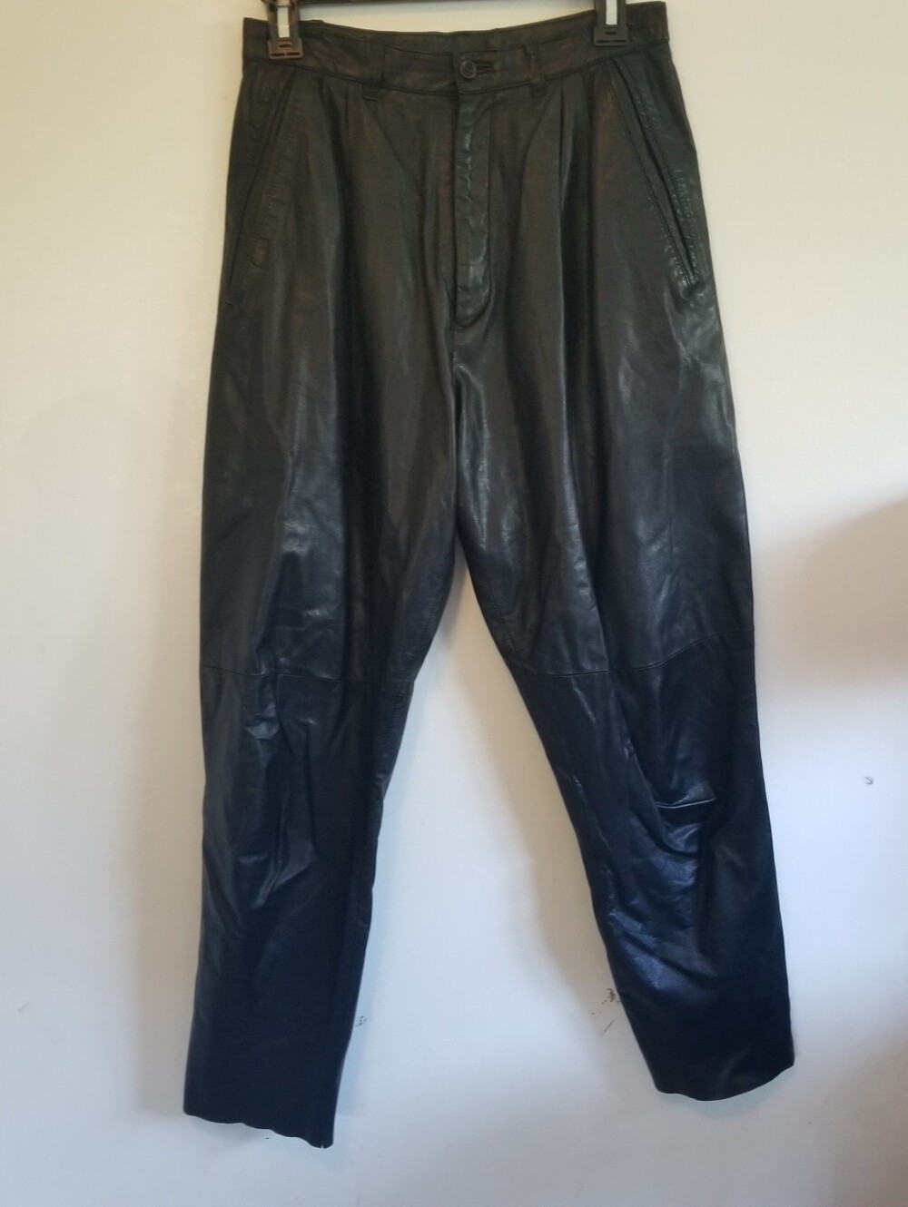 Vintage Georgetown Leather Design Genuine Leather High Waist Pleated Pants Black